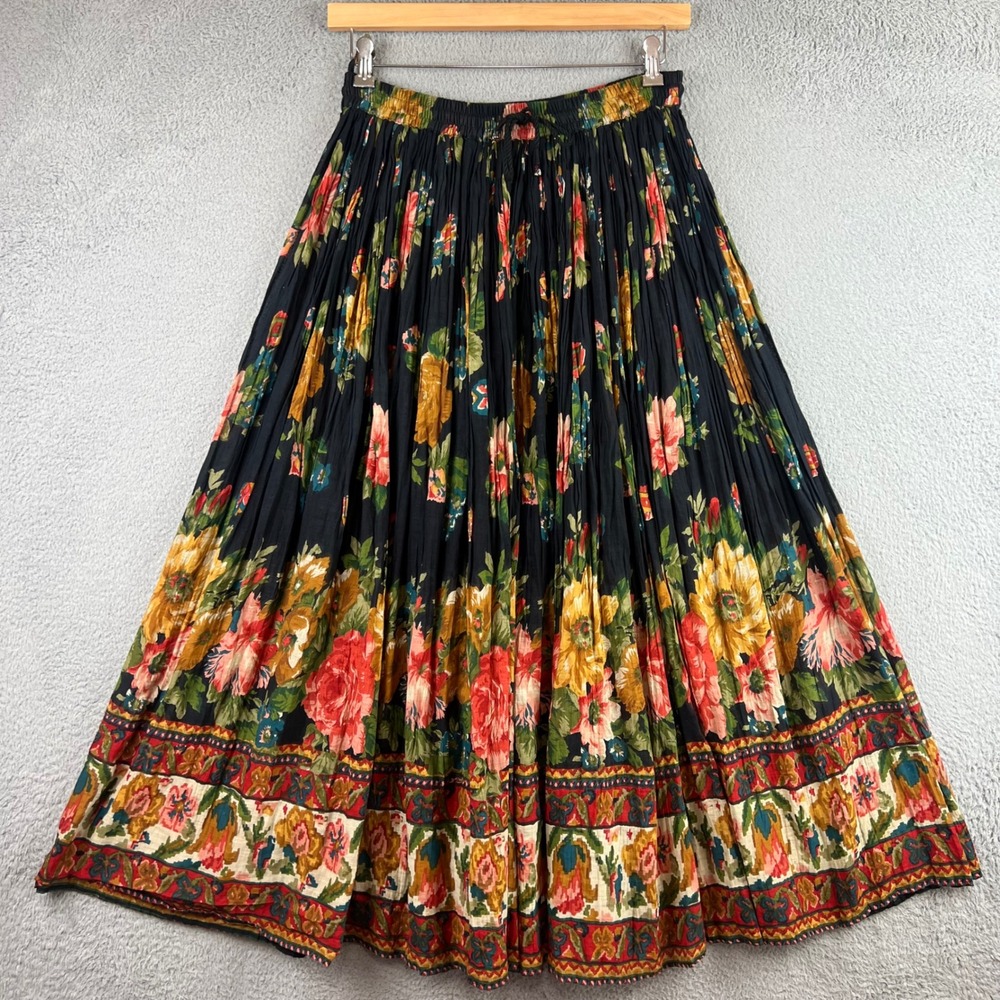 Huntington Ridge Floral Broomstick Skirt Cotton Boho Pleated Black Large